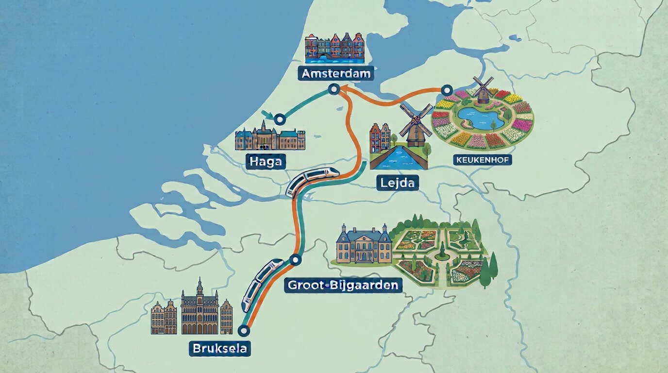 Mapa podróży po Belgii i Holandii: Bruksela, Amsterdam, Keukenhof, Haga